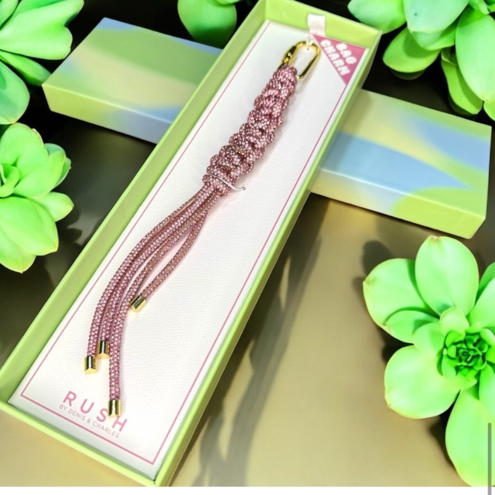 Rush Pink and Gold long Beaded braided Key Holder or bag charm new in box